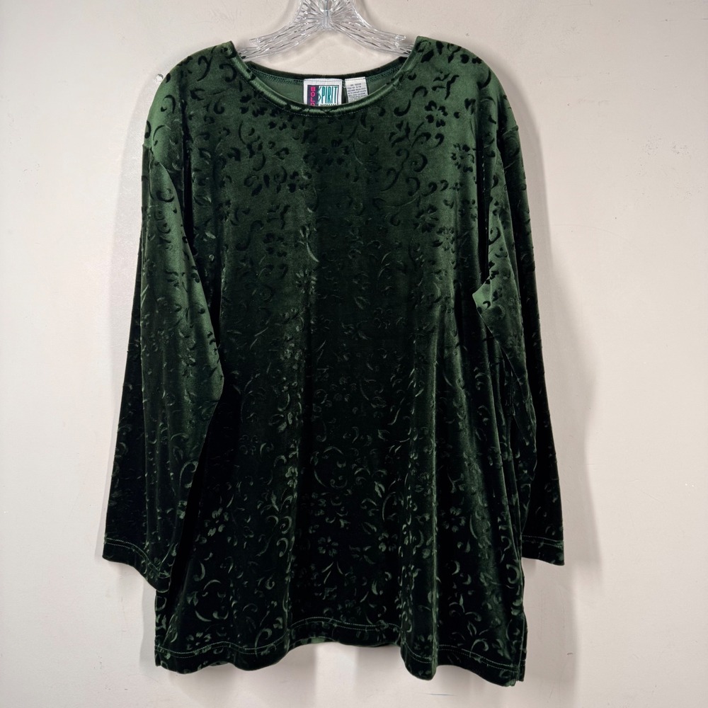Bold Spirit Woman Vintage Forest Green Velvet Burnout Floral Tunic Top Sz 1X